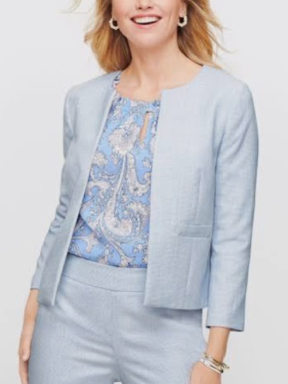 Talbots Pale Blue Collarless lightweight Tweed Blazer and Slim Ankle Pants (14)